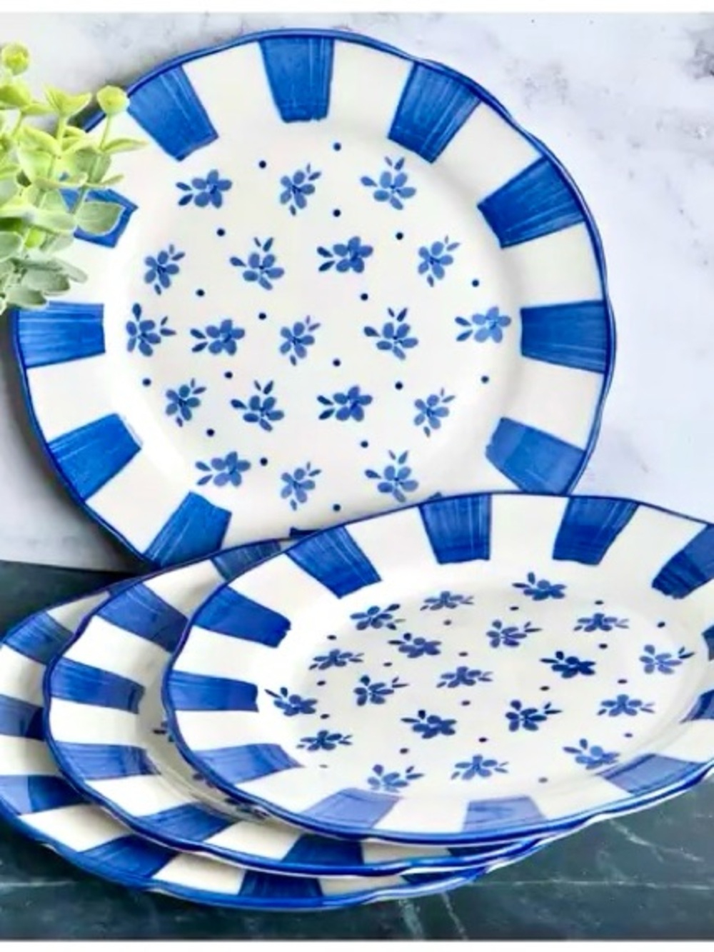 Set of Four Market Square Blue Floral & Striped Salad Plates • New